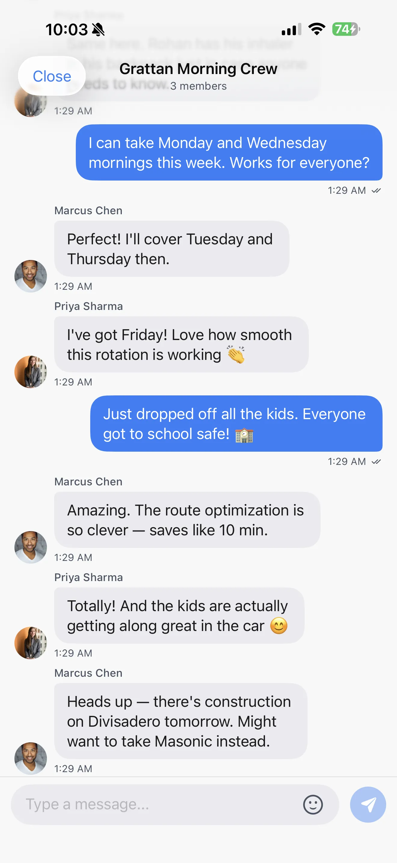 Circle group chat showing parents coordinating driving days and sharing updates