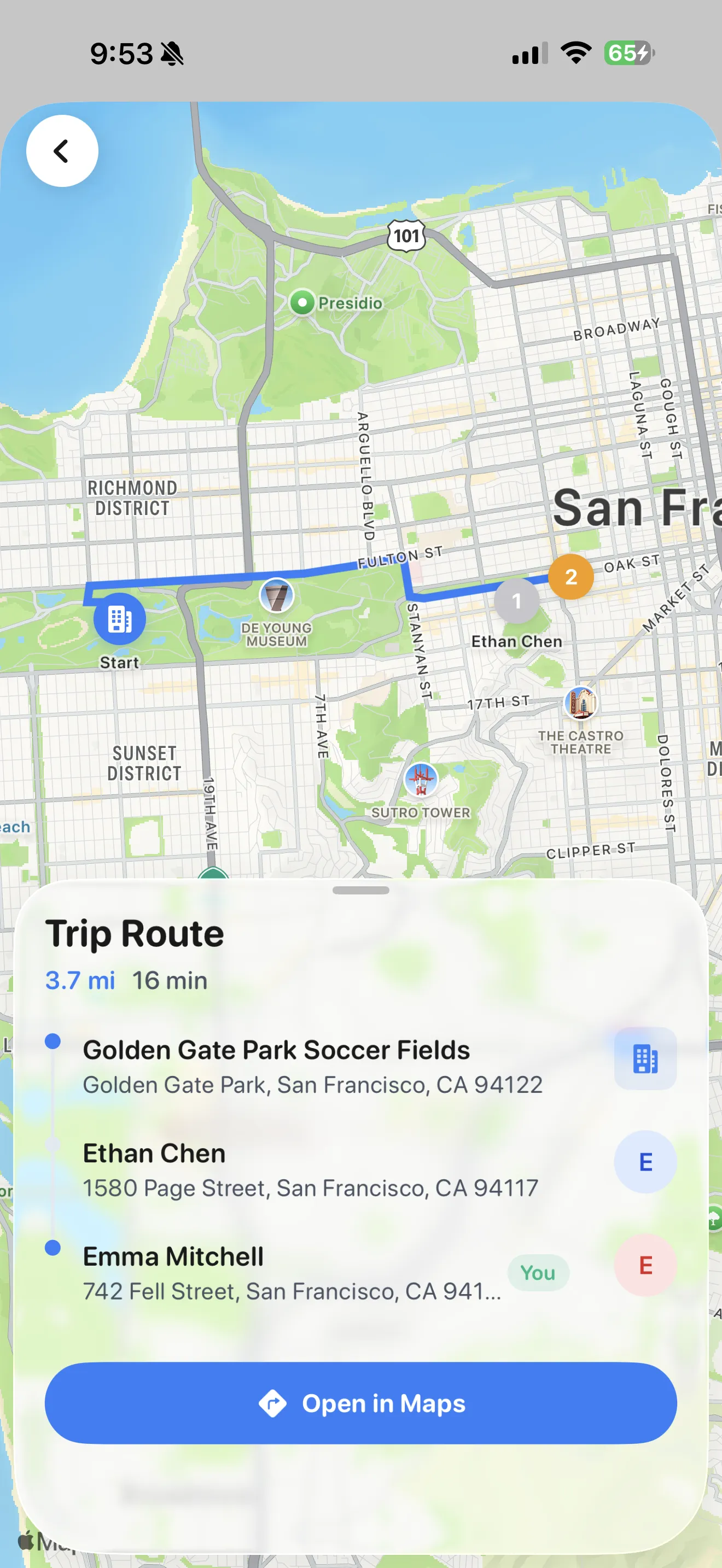 Trip route screen showing optimized pickup order with addresses and Open in Maps button