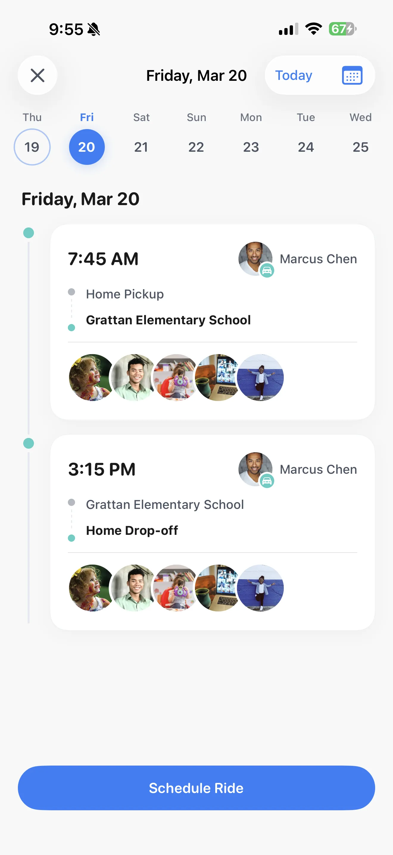 Weekly schedule view showing driving assignments with driver photos and kids riding
