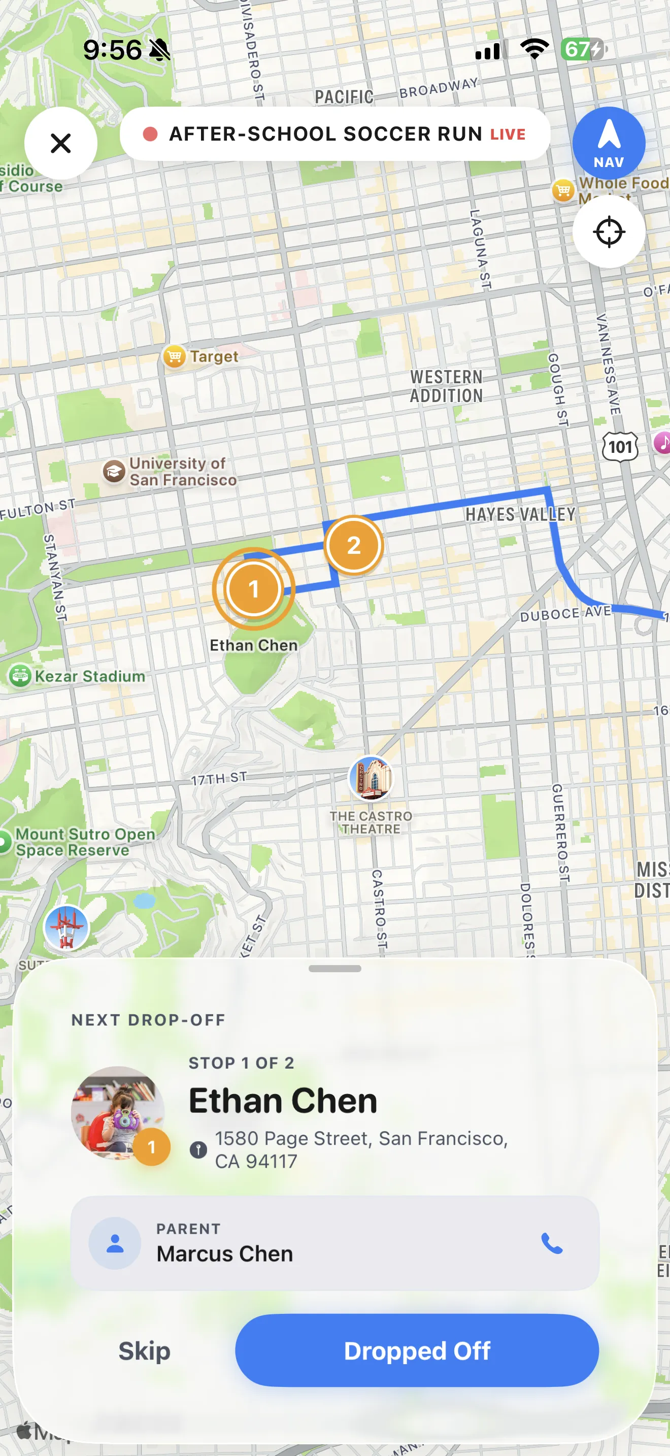 Live trip tracking map showing driver route and next drop-off stop