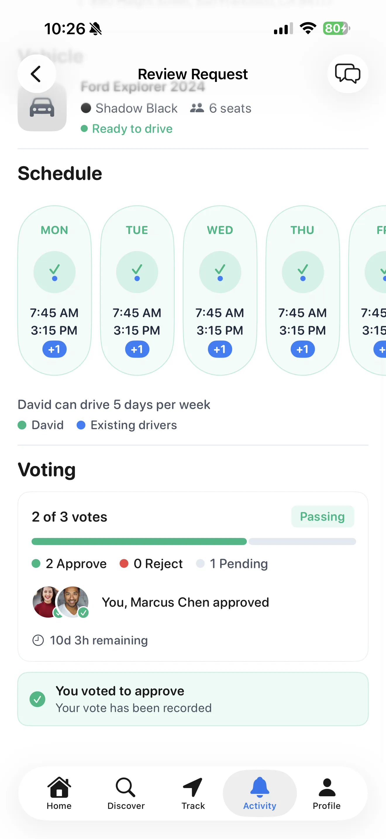 Review request screen showing voting progress with approve and reject counts